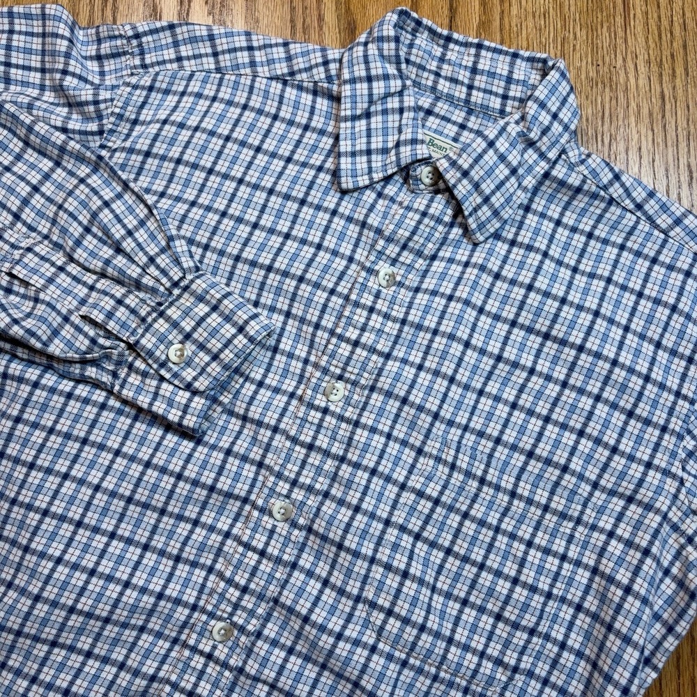 Vintage LL Bean Rangeley Flannel Shirt Mens Medium Blue White Plaid Made In USA